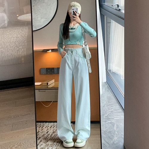 Real shot of fruit green ultra-thin high-quality customized fabric wide-leg pants 2024 spring and summer high-waisted straight-leg jeans