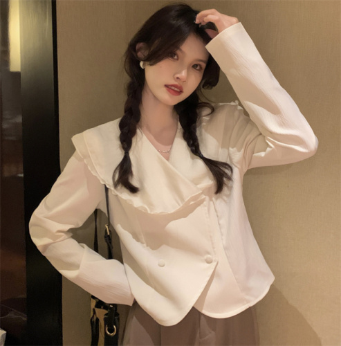 Spring new style large lapel double-breasted waist-cinching temperament goddess long-sleeved shirt top real shot