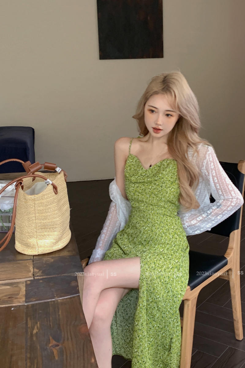 Actual shot of green platycodon floral belt dress + white thin lace cardigan for sun protection