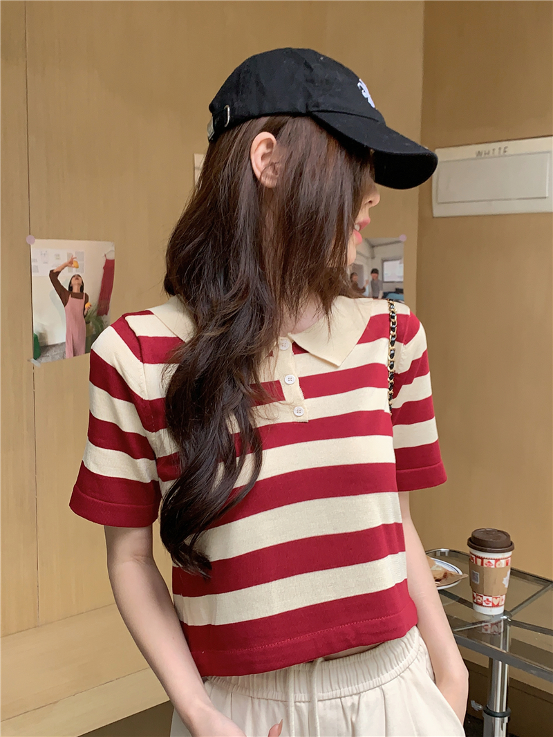 Actual shot of new design short striped POLO shirt short-sleeved knitted top