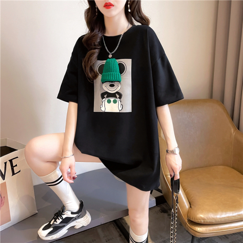 Real shot summer Korean style loose 6535 cotton three-dimensional cartoon print top mid-length large size short-sleeved T-shirt for women