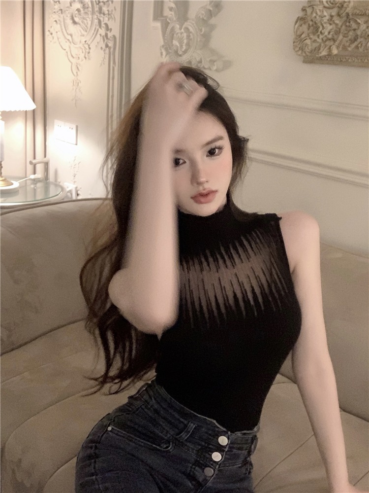 純欲網紗拼接針織打底衫女春季甜辣妹短款高領小背心修身內搭上衣