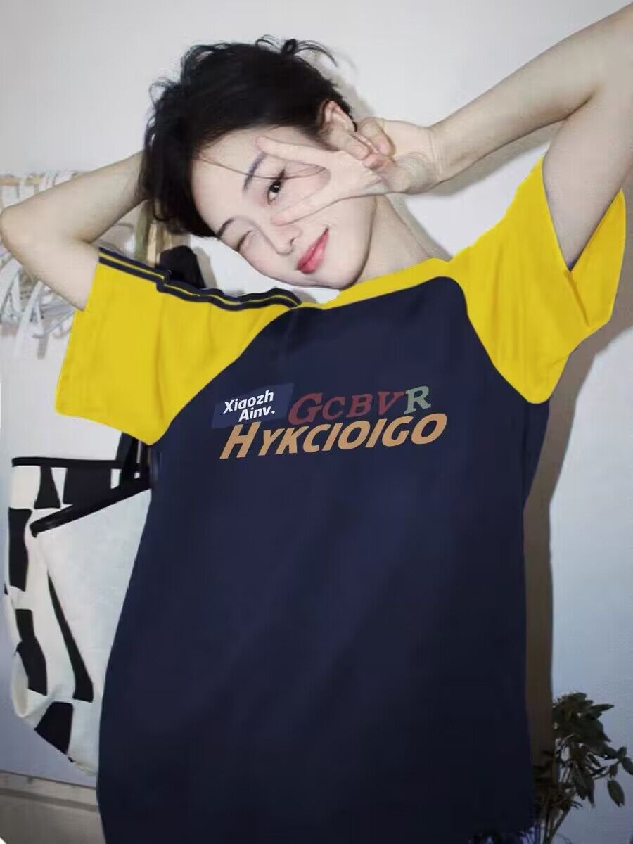 純棉200克21支精梳精密前 印花拼色三條槓落肩短袖t恤女