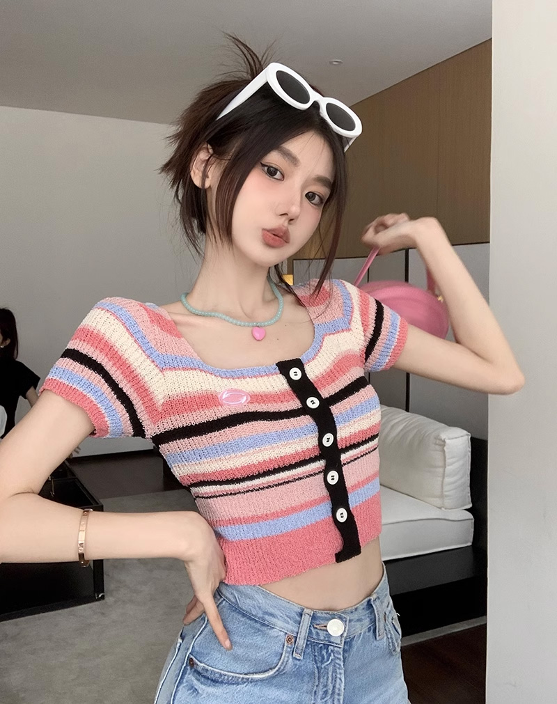 彩色條紋方領短袖針織衫女夏季辣妹修身別致短款chic上衣百搭