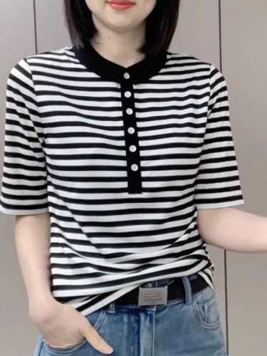 T-shirt for women 2024 new summer casual niche short-sleeved Korean style fashion versatile slimming polo collar top