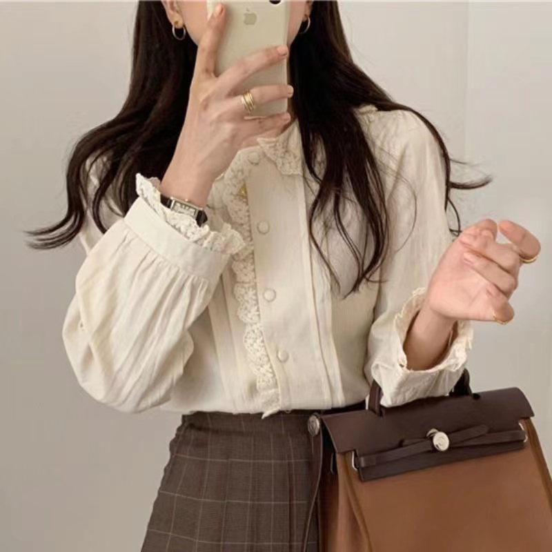 法式花邊娃娃領襯衣女春季新款設計感小眾別致上衣杏色長袖襯衫仙