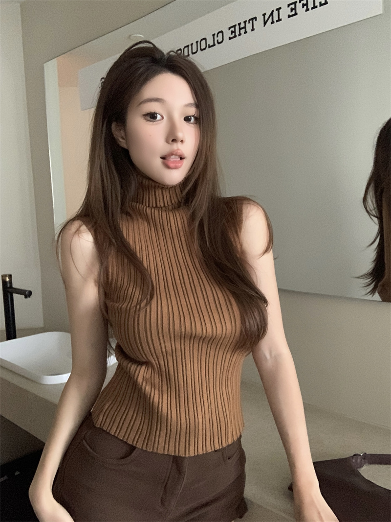 實拍 miu系穿搭修身顯瘦高領針織背心美式復古打底上衣
