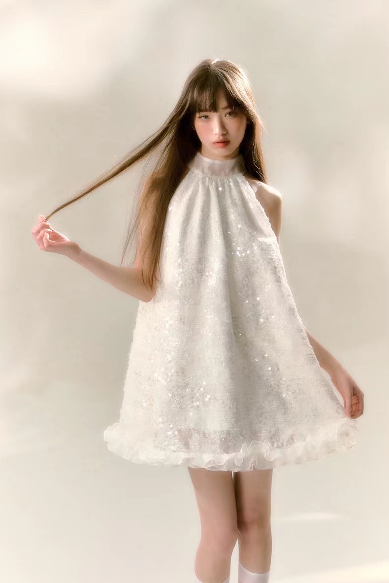 Girl Shero 掛脖亮片蕾絲刺繡蓬蓬擺雪紡拼接連衣裙
