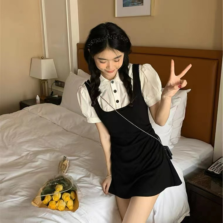 假兩件拼接短袖連衣裙女夏法式甜美設計感小眾別致顯瘦學生初戀裙