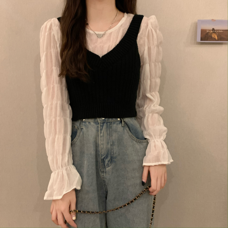 Actual shot ~ Spring new Korean style loose bud sleeve pleated top + V-neck short suspender solid color vest