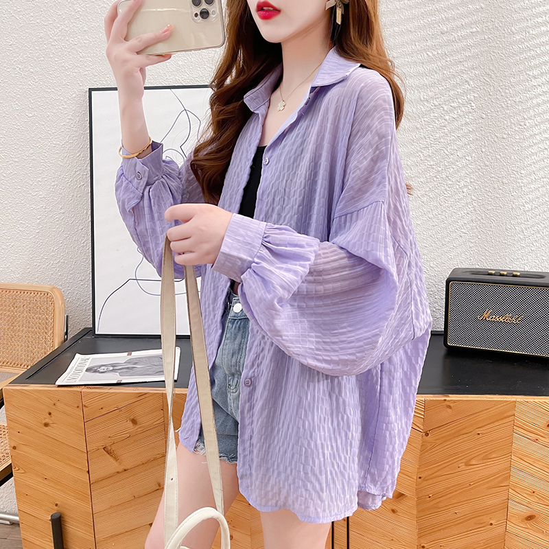 Real shot polyester summer 2024 design versatile solid color shirt sun protection long-sleeved jacket for women