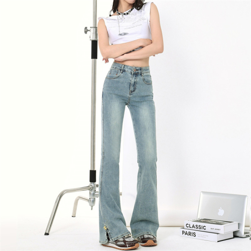 Real shot side slit slightly flared jeans for women 2024 spring new style slimming and versatile horse hoof pants