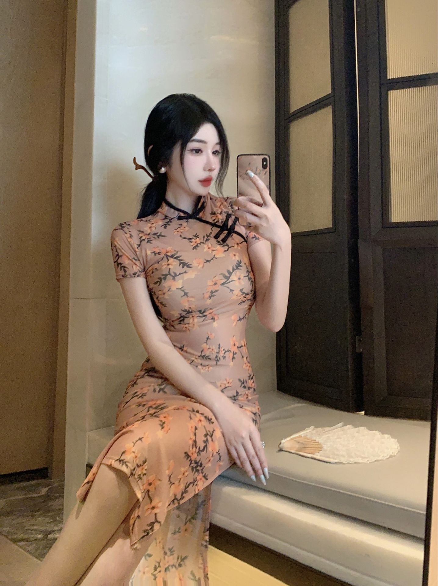 實拍新中式改良旗袍網紗印花民國風復古包臀高開叉中長款連衣裙