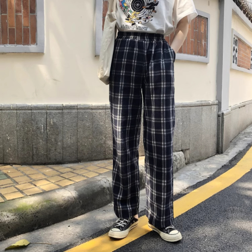 Spring New Retro Plaid Casual Pants High Waist Slim Loose Wide Leg Pants Student Versatile Pants Women