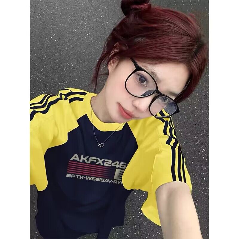 純棉200克21支精梳精密前 印花拼色三條槓落肩短袖t恤女