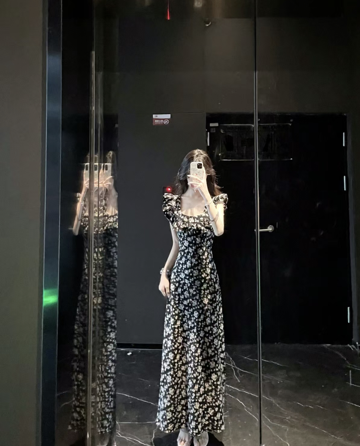 Real shot ~ Stunning black floral long skirt with flying sleeves and slim tea break French dress