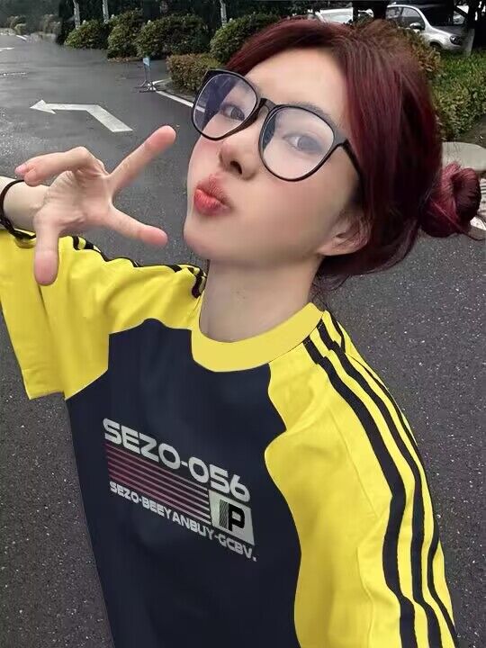 純棉200克21支精梳精密前 印花拼色三條槓落肩短袖t恤女