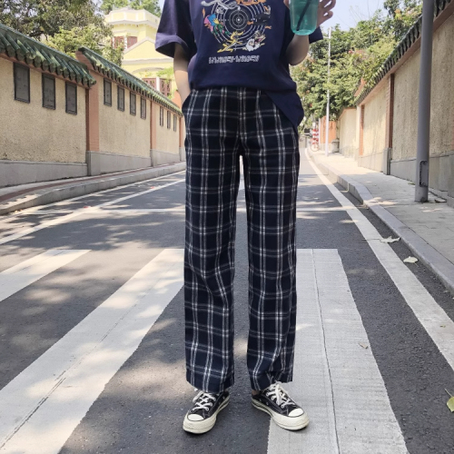 Spring New Retro Plaid Casual Pants High Waist Slim Loose Wide Leg Pants Student Versatile Pants Women