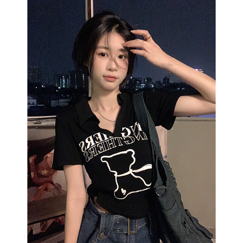 大碼女裝40支92棉8氨綸質量印花卡通短款上衣T恤女 M-4XL