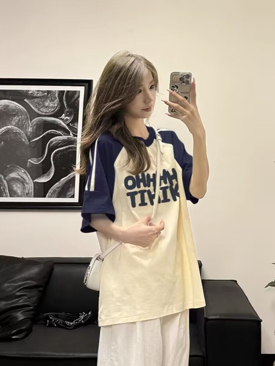 純棉200克21支精梳精密前 印花拼色三條槓落肩短袖t恤女