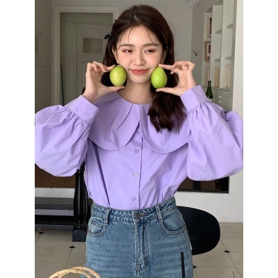 Korean ins niche retro style age-reducing doll collar shirt for women 2023 new autumn long-sleeved shirt top