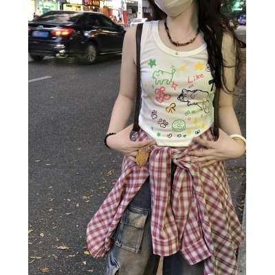 American retro college sleeveless vest female cat cartoon cute hot girl sweet student top knitted outer wear slim