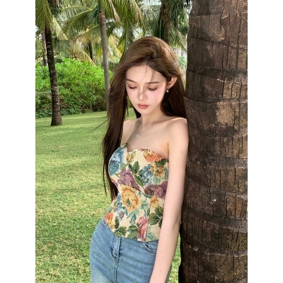 Pure Desire Retro Padded Tube Top Women's Spring Clothes Hot Girls Sexy Backless Top Wear Short Floral Chest Wrapping