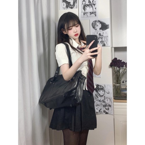 Liberal arts student white short-sleeved JK black box pleated skirt lady college style suit