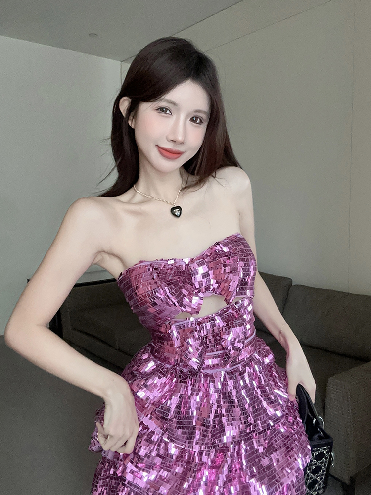 Actual shot of bow sequin tube top cake dress