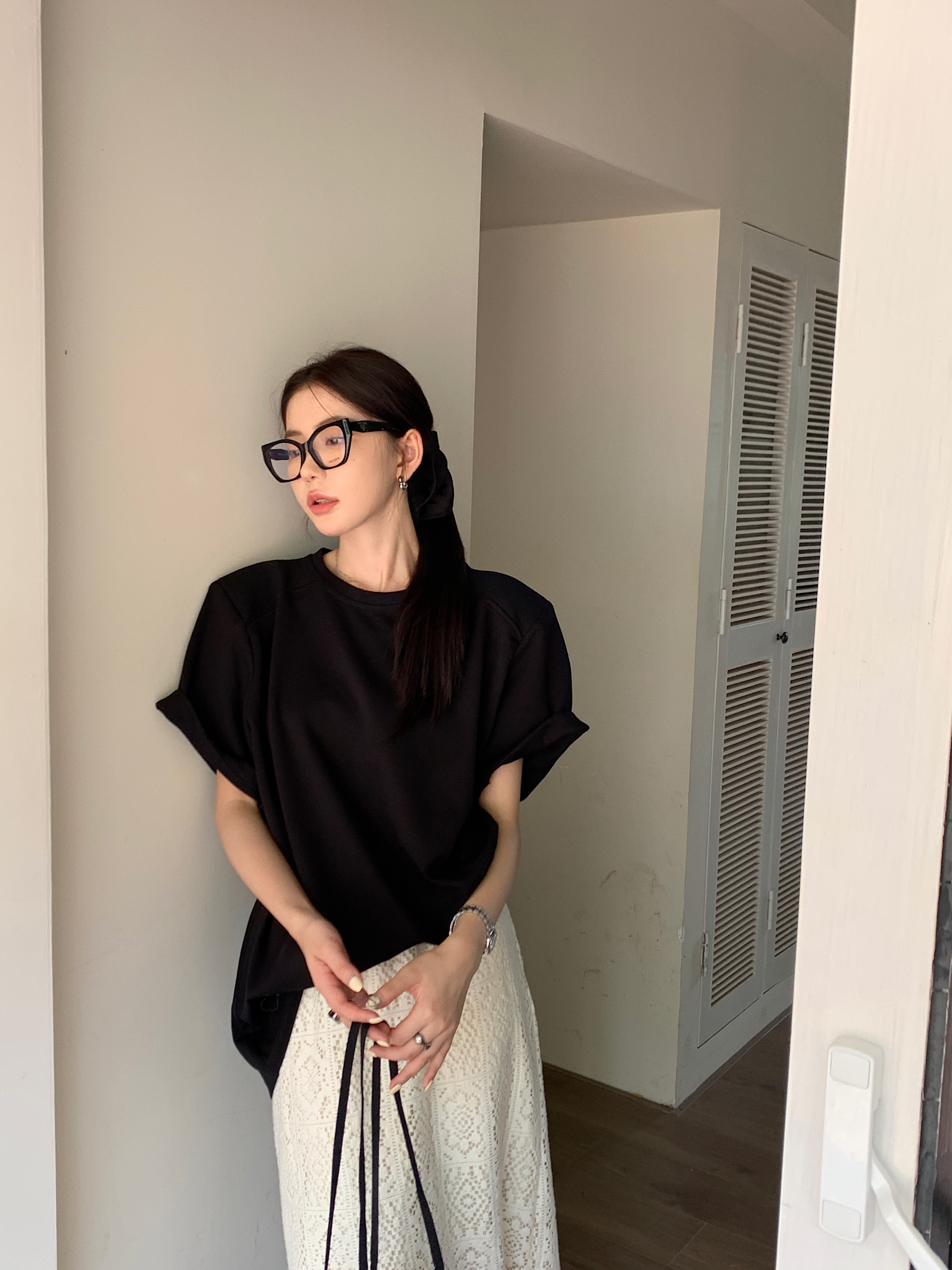 Actual shot Korean chic~Versatile simple splicing shoulder pad thick big T-shirt in early autumn