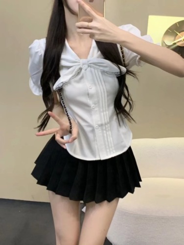 Lace Puff Sleeve T-Shirt Women's Summer Short Top Slimming High Waist A-Line Pleated Skirt Suit