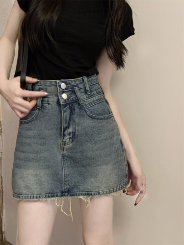 Black pure cotton design T-shirt + double belt denim skirt for petite women with high waist A-line skirt