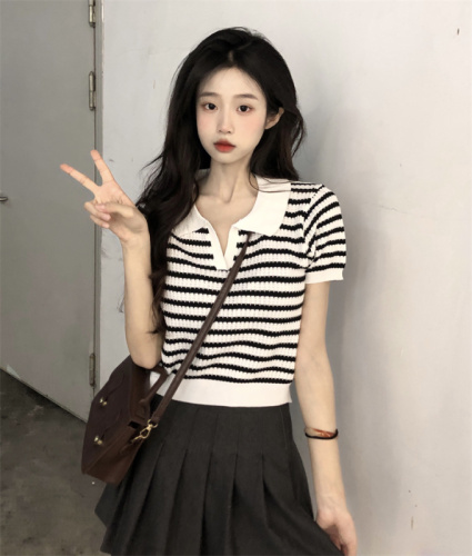 Sweet and spicy pure desire knitted new striped short style versatile slim fit POLO collar short sleeve short top trendy