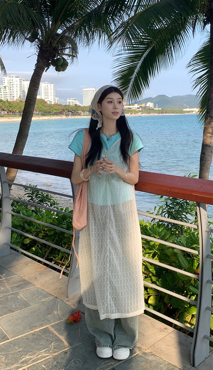 Real shots of Korean women’s outfits~Spring and summer Korean chic simple layered V-neck blouse + blue T-shirt