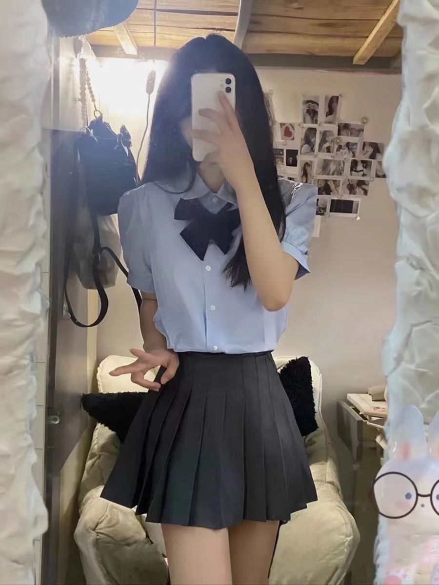 College style JK suit bow short-sleeved top women's summer plaid skirt skirt two-piece set