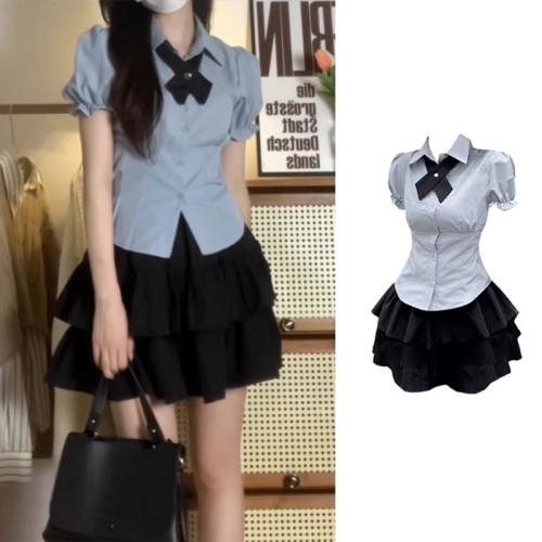 Slightly fat JK Japanese uniform shirt women's top + versatile high-waist slimming lace-up short skirt tutu skirt