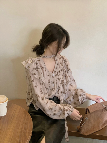 Real shot!  Spring French light mature style versatile v-neck shirt single-breasted ruffled lace-up printed top