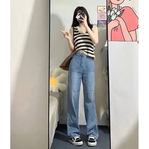 Blue straight-leg jeans for women summer new high-waist drape small loose wide-leg two-piece suit