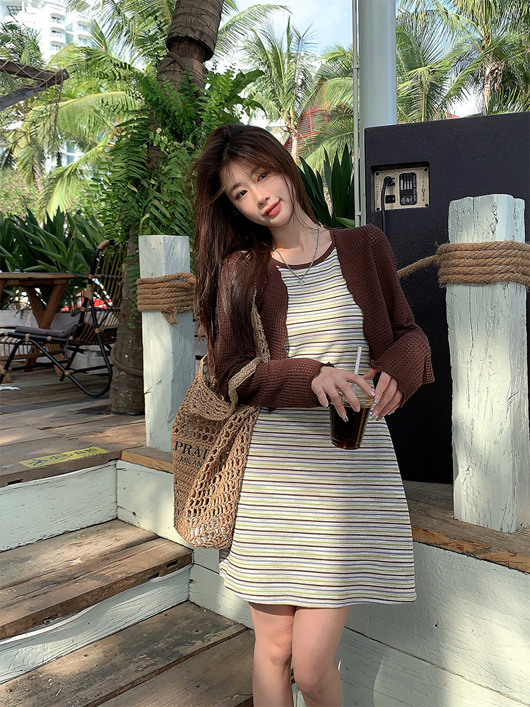 Actual shot of spring and summer Korean chic simple contrasting striped suspender dress + cardigan jacket