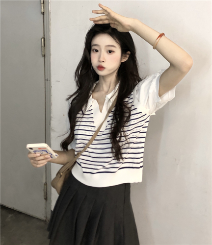 polo collar striped knitted short-sleeved women's summer dress new fake two-piece puff sleeve short chic shirt top