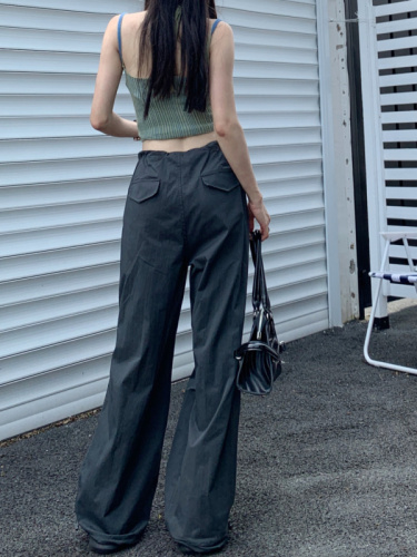 Real shot of American high street fashion hot parachute overalls for women summer adjustable waist wide leg loose trousers