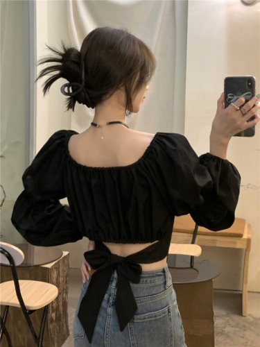 Real shot!  Square collar collarbone-exposed shirt for women, French puff sleeve design, scheming bow long-sleeved top