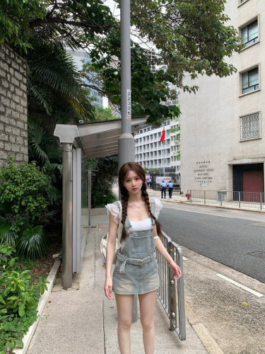 Your spicy halo lala young Hong Kong girl/summer waist and hip dress to reduce age denim overalls culottes