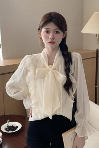 Actual shot of bow-knot lively age-reducing ruffled belly-covering French lace shirt design niche top for women