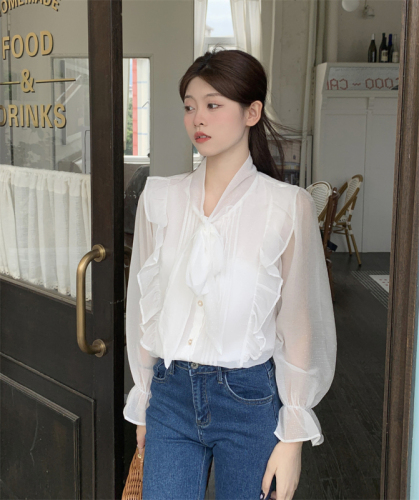 Actual shot of bow-knot lively age-reducing ruffled belly-covering French lace shirt design niche top for women