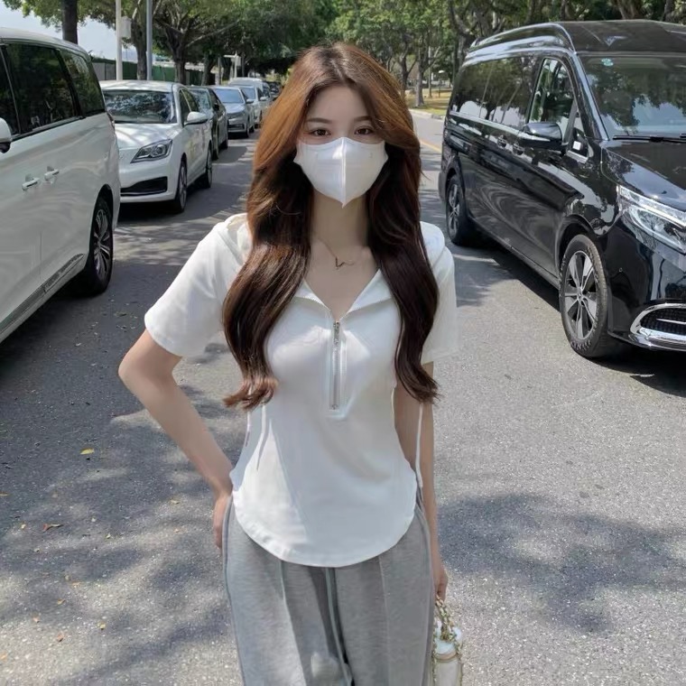 夏季大碼女裝別致洋氣連帽拉鏈辣妹高腰純棉短袖T恤M-4XL200斤
