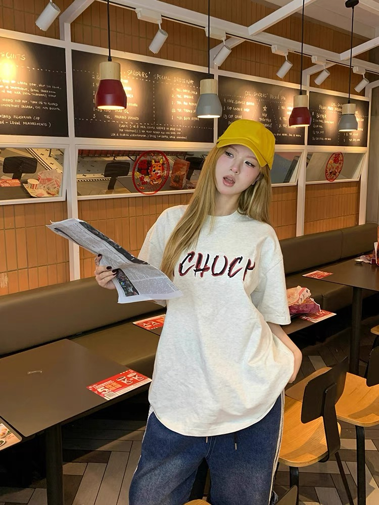 American retro national trend letter printed short-sleeved T-shirt for women in summer, loose and lazy gray mid-length half-sleeve...