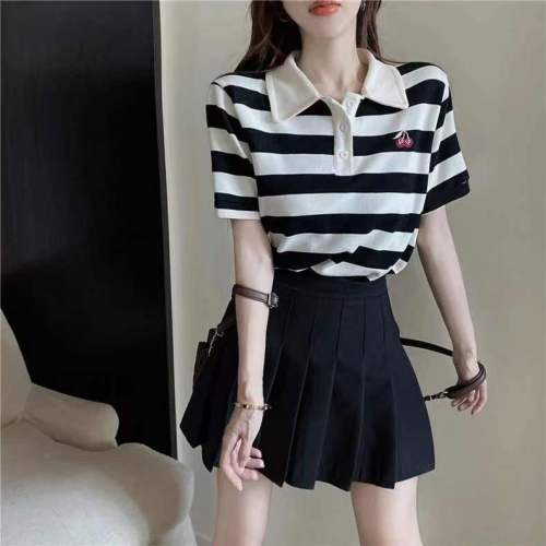 Black and white striped POIO collar shirt with cherry embroidery short sleeves + preppy pleated skirt suit