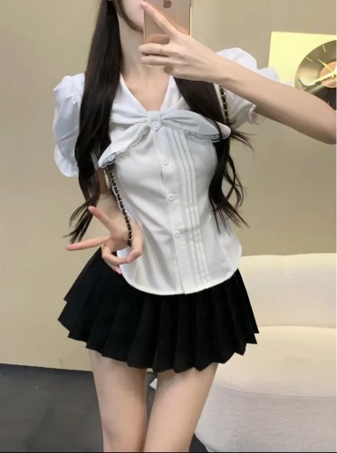 Lace Puff Sleeve T-Shirt Women's Summer Short Top Slimming High Waist A-Line Pleated Skirt Suit