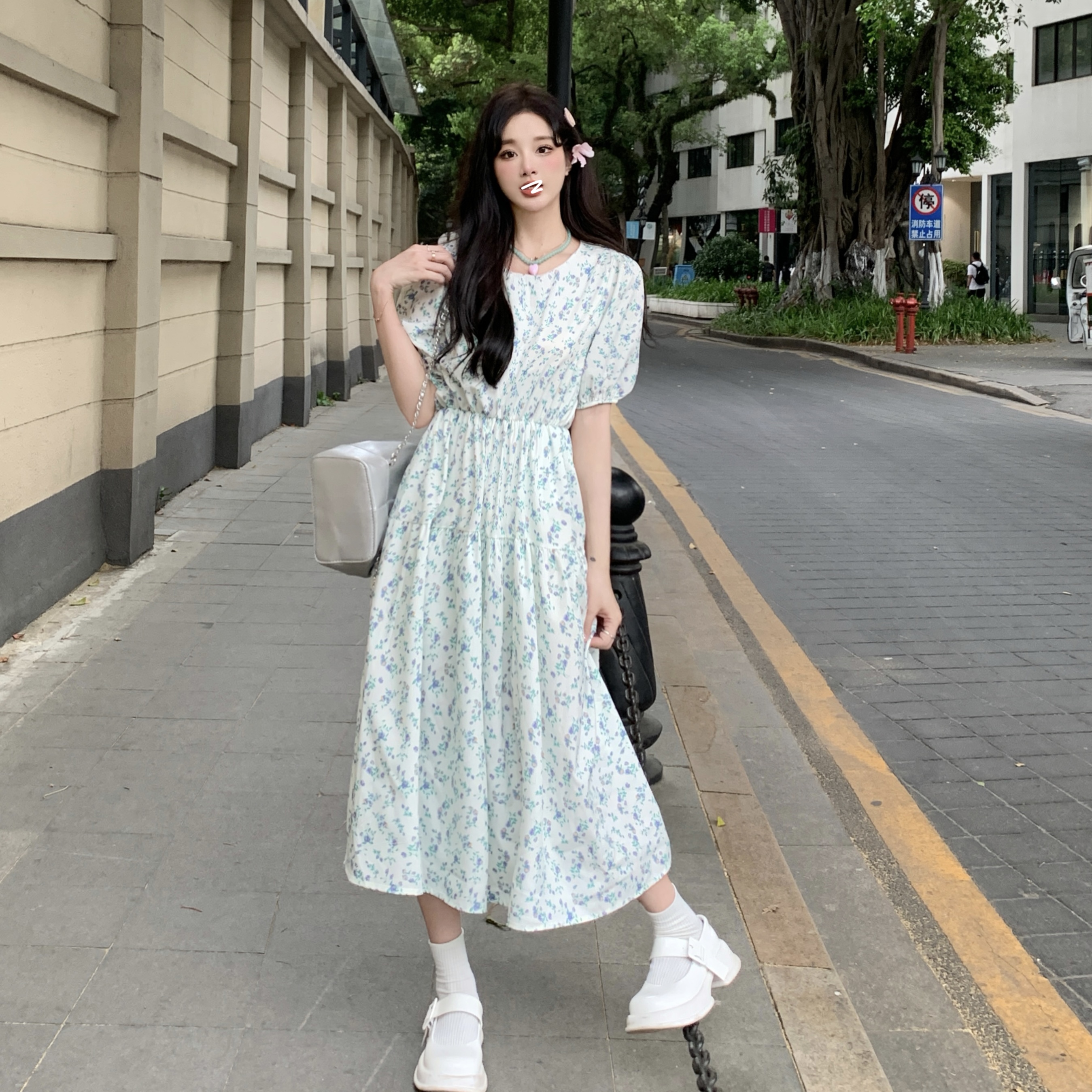 實拍夏裝大碼女裝感學院風短袖茶歇法式連衣裙碎花長裙M-4XL200斤